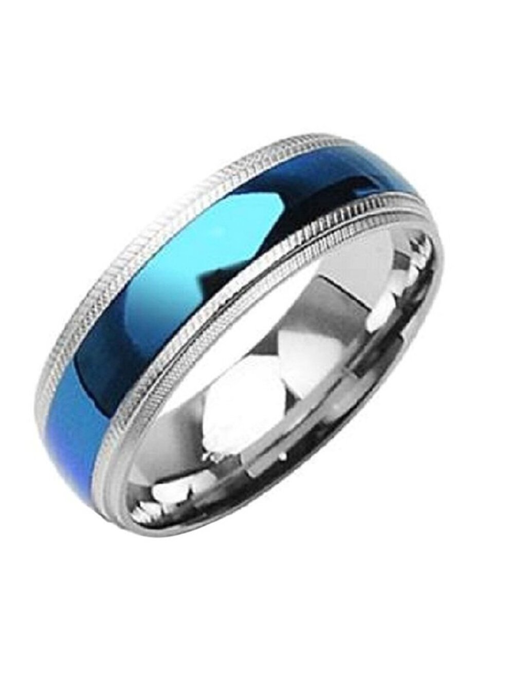 Ring Band 8 MM High Polished Stainless Steel Comfort-Fit Blue Plated Center